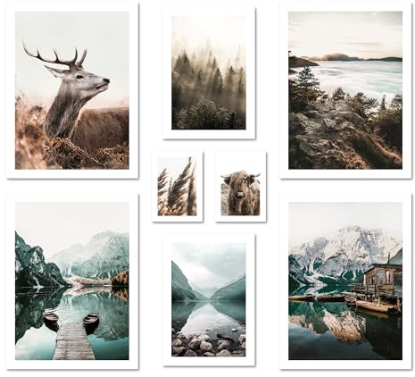 ARTFAVES® Poster Set - MYSTI RIVER - mehrteilige Wanddeko Wohnzimmer & Schlafzimmer - 8 moderne Wandbilder Pragser See, Wald, blau, braun, Berge, Hirsch, Dolomiten - ohne Bilderrahmen