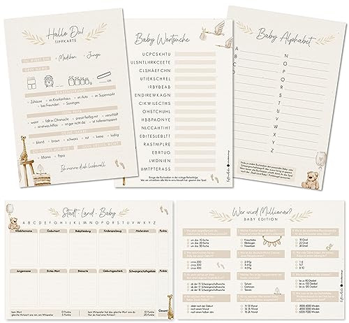 luftundliebe Babyparty Spiele - 5 Spiele mit je 12 Karten zum ausfüllen - Stadt Land Baby - Babyshowerparty - Boho