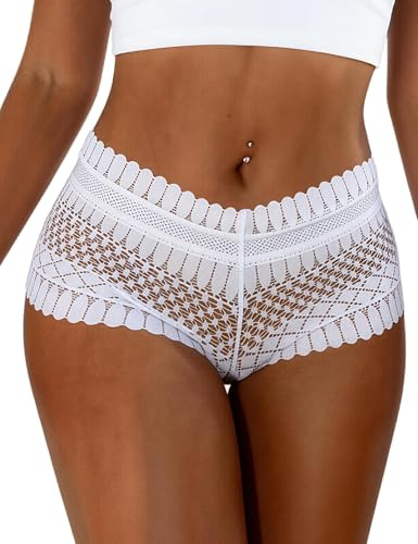 ohyeahlady Womens Feather-shaped Lace French Knickers Ladies Plus Size Sexy Underwear Sheer Mesh Hipster Boy Shorts Soft Stretchy Breathable Bikini Panties White Size 8-10