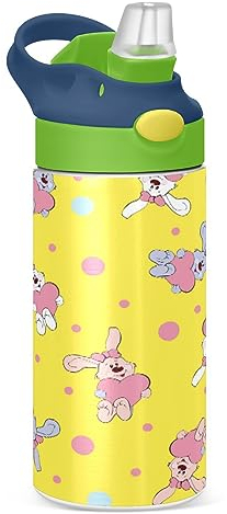 KAAVIYO Cartoon Spot Rabbit Water Bottle Stainless Steel Insulated Vacuum Flask Leak Proof with Straw Brush Cup 350ML for Boys Girls Kids