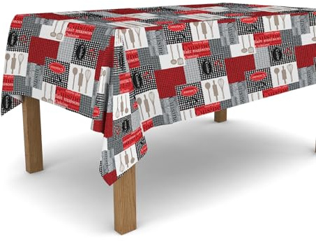 Banzaii Tovaglia in PVC Cerata Antimacchia Resistente a Sole e Intemperie Facile Da Tagliare Nella Misura Che Vuoi - Cuisine Rosso 140x100 cm