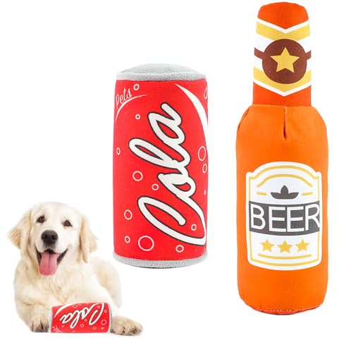 badaren 2 Stück Quietschendes Hundespielzeug, Bierflaschen Hund Spielzeug, Bierflaschen Hundespielzeug, Cola- und Bier-Stoffspielzeug für Hunde, Kaubeständiges Beißspielzeug für Hunde