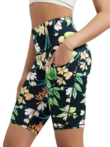 ODODOS 10 Tummy Control Biker Shorts for Women with Pockets High Waist Athletic Workout Yoga Shorts, Tropical Flower, X-Large