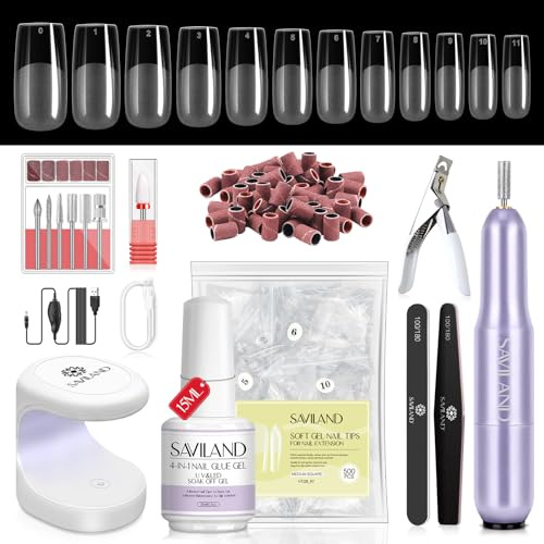 Saviland nagelspetsar och nagellim gelset – 500 stycken medelstora mandelnaglar tips, 4-i-1 gel nagellim, elektriska nagelfräsar, U-V lampa för naglar manikyrverktyg gel X nagelförlängningssat2
