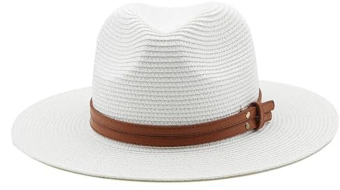 FULUJIDI Fedora Trilby Filzhut Hut Panama Weicher Strohhut Mit Braunem Gürtel Frauen Männer Breite Krempe Strand-Sonnenkappe Uv-Schutz Fedora Hut 54Cm Reinweiß