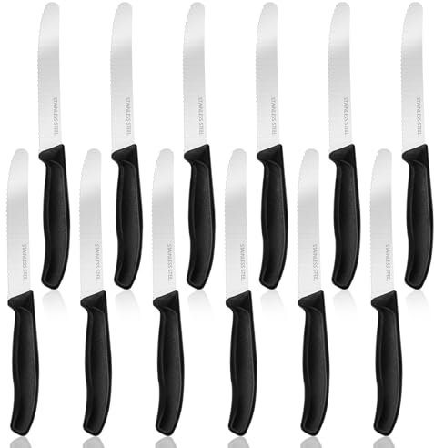 Sprifityy 12 Stück Frühstücksmesser, Brötchenmesser mit Messer Wellenschliff, Hochwertiger Rostfreier Stahl Brotzeitmesser, Spülmaschinenfest, Steak Messer, Tafelmesser für Haus Restaurant（Schwarz）