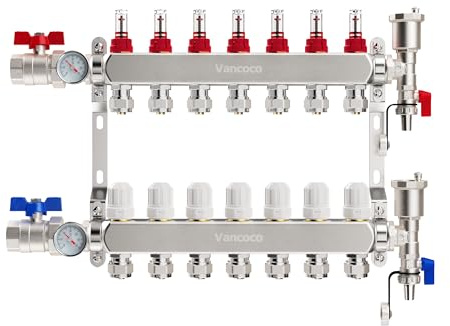 Vancoco 7-Port Stainless Steel Manifold Set, 3/4 Euro Conus (16×2 mm) Fittings, with Flow Meter, Auto Air Vent and 1 Ball Valves, Complete Underfloor Heating Kit