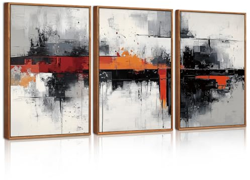 BINCUE 3 Teilig Abstrakte Leinwand Wandkunst,Schwarz & Orange Bilder mit Rahmen,Texturierte Grauweiße Wandbilder,Sanfte Pinselstriche Moderne Bilder Kunstdrucke für Wohnzimmer, Schlafzimmer30x40cm