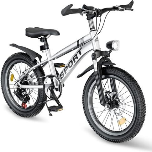 YHUBHSIS 20 Inch Mountain Bike Bicycle for Kids Ages 7-12 with Dual Disc Brakes, 7 Speeds, Shock Absorber, LED Lights,for Boys & Girls
