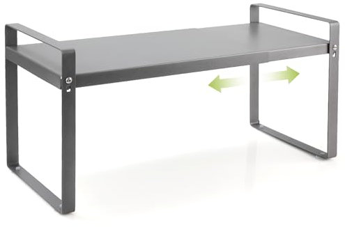 Cozary Scaffale da Cucina Espandibile (37∼63cm), Mensole da Cucina per Stoviglie, Metallo Scaffale Cucina, per Utensili, Snack o Libri, Più Spazio di Appoggio, per Cucina, Banconi, Dispensa, Grigio