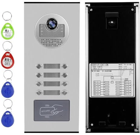 Interphone. Visiophone extérieur avec porte-clés RFID et déverrouillage for immeubles de faible hauteur, interphones for appartements de 2, 3, 4, 6 ou 8 personnes .Interphone vidéo(For 8 Apartments)