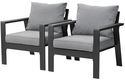 LANOX Gartenstühle 2er Set Aluminium wetterfest, 10cm Deluxe Relax Sitzkissen, 75×74×75 cm Balkonmöbel Set Alu Metall, Grau