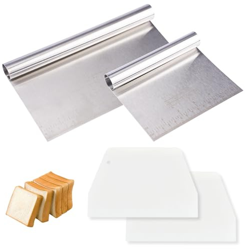 4PCS Coupe Pate Boulangerie, 22cm + 15cm Grande Grattoir à Pâte en Acier Inoxydable avec Échelle de Mesure, Coupe-pâte Inox et Corne de Patisserie Plastique, Spatule Cuisine Pate pour Pizzas, Cakes