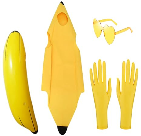AMBEERT 4 PCS Banana Costume Set for Funny Costume for Men and Women,Banana Suit with Gloves and Glasses, Funny Fancy Dress for Halloween Parties, Theme Events, and Comedy Performances