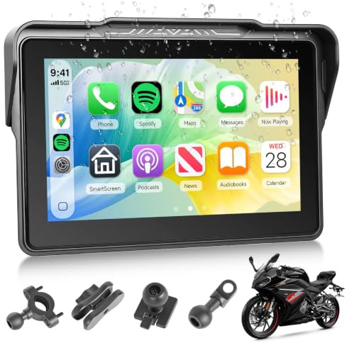 Rimoody Motorcycle Wireless CarPlay Screen 7'' Waterproof Touchscreen | Portable Carplay Android Auto for Motorbike Bluetooth Physical Control Button Online Map Siri Tyre Pressure Detection
