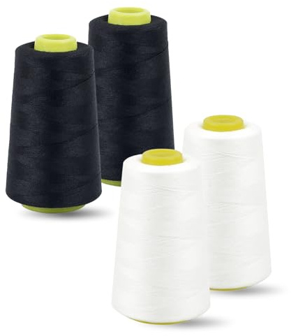 4 rotoli di filo per cucire in poliestere, 2 bianchi e 2 neri, 40/2, 3000 yard (2743 metri), in totale 12000 yards, filo resistente agli strappi, filo overlock