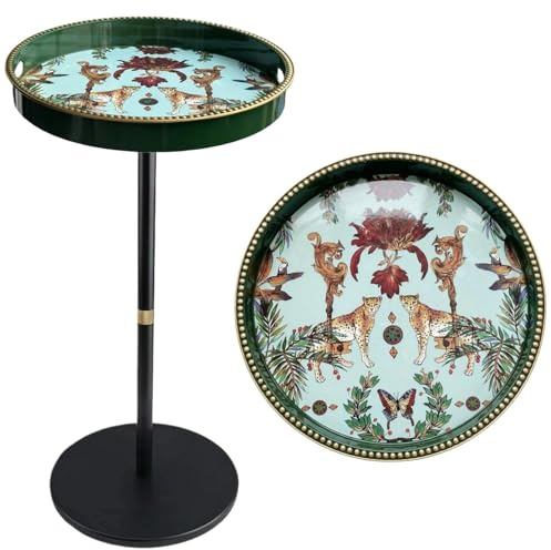 Simmer Stone Boho Round Side Table With Tray Top, Pedestal Drink Table for Small Spaces, Aesthetic Accent Nightstand for Living Room, Corners, and Office (Green Leopard)