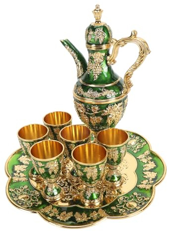 Tnfeeon Set da tè Turco - Esperienza Tradizionale del tè Turco, Set Vintage in Metallo con 6 Tazze, Realizzato in Resistente Lega di Zinco, Servizio Completo con Vaso da Vino, Tazze e Vassoio,