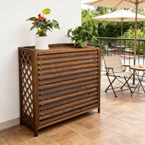 Housse Climatiseur Extérieur Bois Cache Climatiseur Extérieur Bois Massif Pour Décoration Du Jardin Et Balcon Cache Pompe a Chaleur Résistance Aux Intempéries Support De Fleur Avec Vis(86x35x80cm)