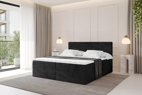 ALTDECOR Boxspringbett mit Matratze und Lattenrost, Topper, Polsterbett mit Bettkasten, Bett mit Stauraum H4-Matratze, Doppelbett, Boxbett - TOLO v1 180x200 Cord - Schwarz