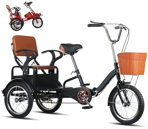Justerbar lastcykel, 16-tums hopfällbar Vuxen Trehjuling Tandem Baksäte Justerbar 3-hjulsförvaring Röd/Svart(Black)