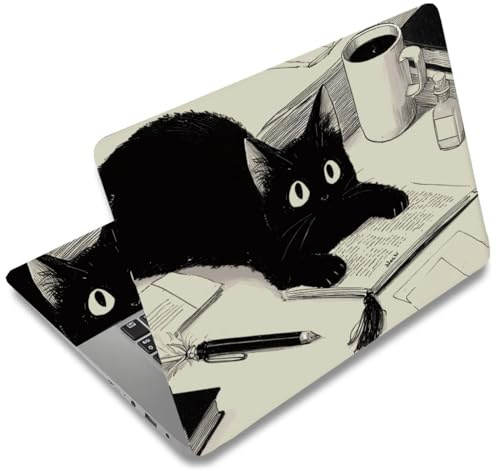 SUPERDANT 3 Pièces Habillages et Autocollants pour Ordinateur Portable Chat Noir PVC Étanche Résistant aux Éraflures Ajustable pour Ordinateur Portable de 12 à 15,6 Pouces Cadeau Personnalisé 38x27cm