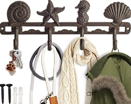 Comfify - Colgador de pared de hierro fundido con una estrella de mar, un caballito de mar y conchas, con 4 ganchos, decorativo, para abrigos, sombreros, llaves y más, con tornillos y anclajes