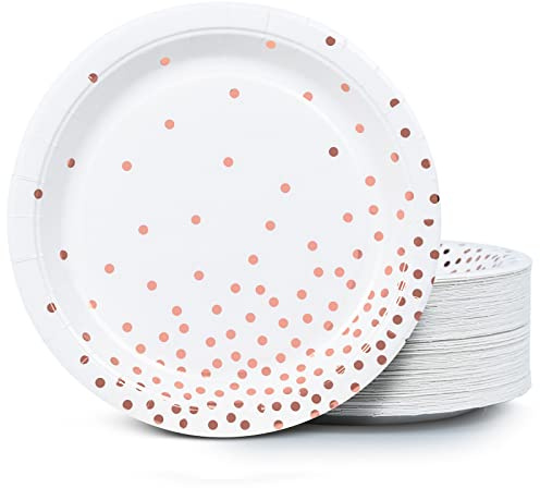 MATICAN Lot de 100 assiettes jetables en papier – Blanc et or rose avec pois en feuille métallisée, 22,9 cm