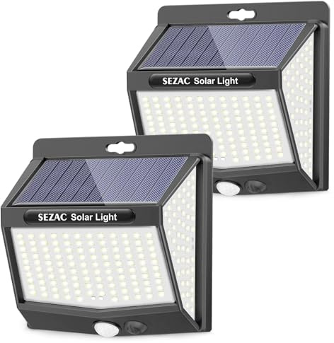 SEZAC Luce Solare Led Esterno【2 Pezzi /3 Modalità】 Illuminazione a 270° con Sensore di Movimento, IP65 Impermeabile Lampada per Giardino, Patio e Garage