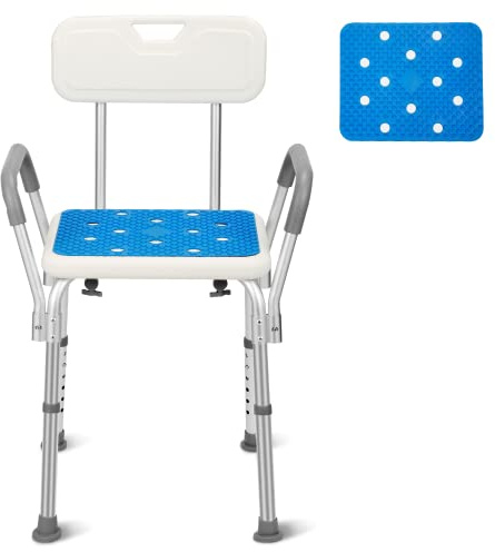 Tubiaz Sgabello da doccia con bracciolo, schienale, antiscivolo, per il bagno e per la doccia, regolabile in altezza, 41-53,5 cm, fino a 136 kg, per anziani e donne incinte (M1-GGP8887c)