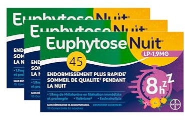 Euphytose Nuit LP Mélatonine 1,9 mg - Complément Alimentaire Sommeil Adulte - Favorise l'Endormissement et la Qualité du Sommeil - Libération Prolongée 8H - Valériane - 3x15 comprimés - 45 Nuits