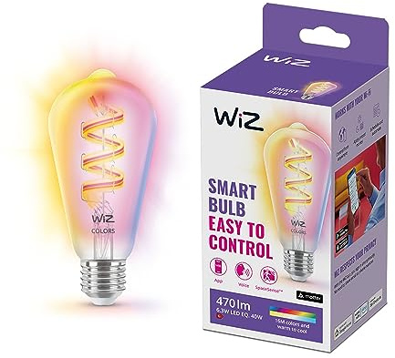 WiZ Lampadina Edison Smart LED WiFi, Luce Bianca e Colorata RGB, Filamento, E27, equivalente a 40W, Tecnologia SpaceSense, Controllo Vocale (Alexa, Apple HomeKit, Google Home)
