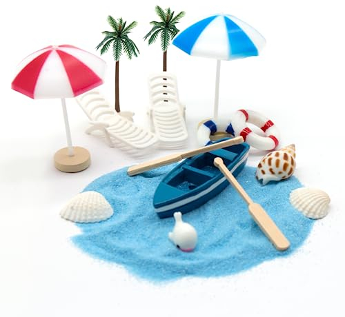 IOPJLK Strand Deko Miniatur Set,16 Stück Strand-Miniaturlandschaft Dekoration,Sommer Strand Mikrolandschaft Con Muscheln Deko Sonnenschirm Miniliegestuhl Set für DIY Miniatur Deko Garten Dekoration