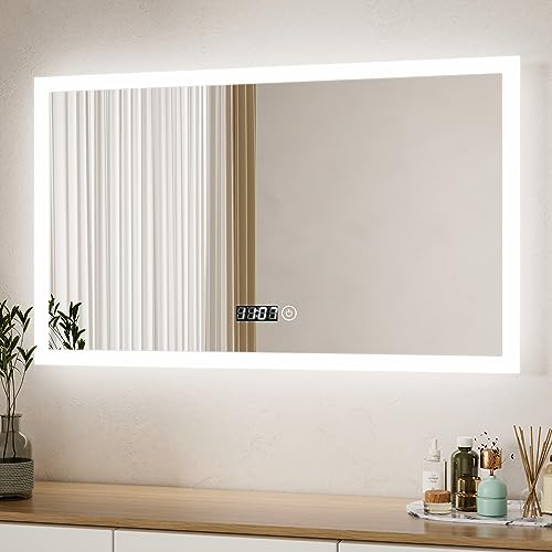 Boromal LED Badspiegel mit Beleuchtung und Uhr 100x60cm Badezimmerspiegel Badezimmer Spiegel 3 Lichtfarbe Dimmbar 3000-6500K 3410LM Wandspiegel Lichtspiegel LED Spiegel mit Uhr + Touch Schalter