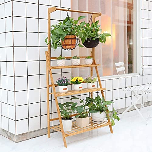 Plants Display Rack Flower Pot Display Shelving 3-Tier Bamboo Ladder Plant Shelf, Étagère À Plantes Porte Plantes, Folding Display Shelving Organizer Rack Multi Storage Corner Shelf for Patio Garden