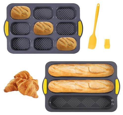 Moule Baguette Silicone, 2 Moules à Baguette en Silicone Antiadhésif, Moule à Petits Pains, avec Emporte Pièce en Silicone et Pinceau, pour la Cuisson du Pain Dans la Cuisine, Gris