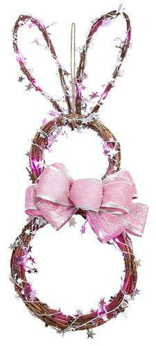 CYIOU Couronne de Paques en Forme de Lapin LED Couronne Paques Porte Rattan Circle Wreath Ornaments Easter Bunny Shape Garland Paques LED pour Cheminée Salon Décor de Pâques (Piles Non incluses)