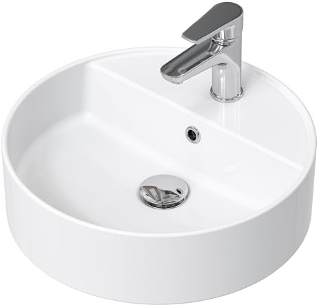 HOROW Waschbecken Rund Klein Aufsatzwaschbecken mit Rand | 42 cm Keramik Handwaschbecken mit Hahnloch & Überlauf Modernes Design Waschschale Weisses für Gäste WC