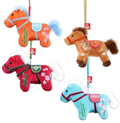 2026 Nouvel an Chinois Cheval Ornement Ensemble de 4 Mascotte Cheval Peluche Jouet Bonne Chance Suspendu Ornements Chinois Zodiaque Cheval, Décorations du Nouvel an 2026