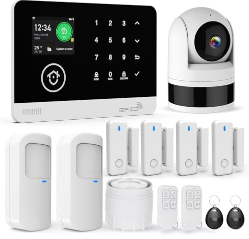 Sistema de Seguridad Doméstico con Cámara, Sistema de Alarma WiFi/gsm SMS con Detector de Movimiento, Sirena de Alarma de 120dB, Mando a Distancia Inteligente, Compatible con Alexa(13 Piezas)