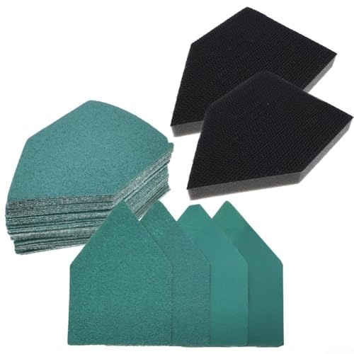 Eawfgtuw 80 hojas de lija triangulares de 92 x 65 mm, surtido de papel de lija de alúmina de grano 60/120/180/240 con 2 almohadillas de pulido para lijadora de detalles, madera, metal, plástico y