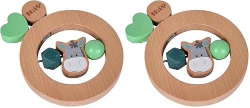 Eichhorn - Baby Hipp Ring Greifling mit Eselmotiv, 10cm, FSC 100% zertifiziertes Buchenholz, ab 3 Monaten (Packung mit 2)