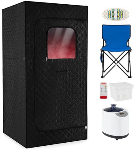 RELAX4LIFE Sauna à Vapeur Portable 3L 1200W, Tente de Sauna avec Générateur de Vapeur, 15 Température, Télécommande, Minuterie, Chaise Pliante, Tapis, Rouleau pouir Pieds, Spa à Domicile (Noir)