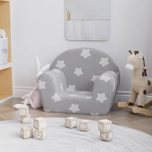 Runheo Sofá infantil gris claro con estrellas de felpa, 57 x 34 x 45 cm, acolchado suave con funda extraíble, apto para niños, seguro y duradero, ideal para jugar, leer, relajarse