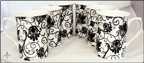 fromeuropewithlove Parisian Mugs Set of 6 Fine Bone China Parisian Black Mugs Hand Decorated in the U.K. FREE UK Express Delivery