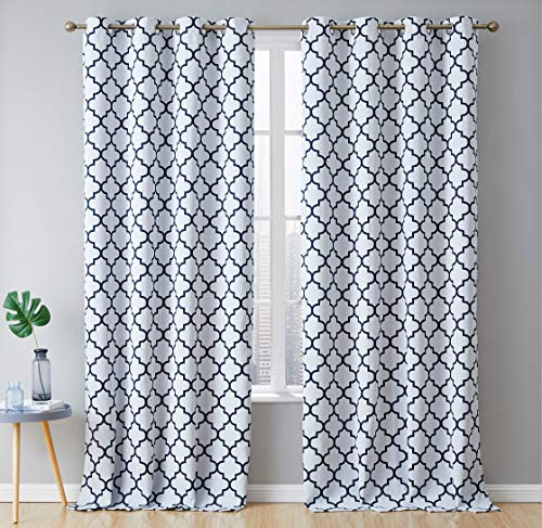 HLC.ME Lattice Print Blackout Curtains Sets for Bedroom - Winter Heat Cooling Window Coverings, Light Blocker Ring Top Drapery for Living Room, Platinum White & Navy Blue, 52 W x 84 L - 2 Panels