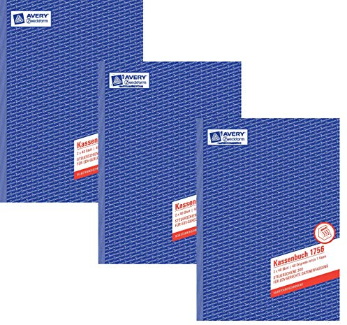 Avery Zweckform© 1756 Kassenbuch, DIN A4, nach Steuerschiene 300, 2 x 40 Blatt, weiss, gelb 3er Pack