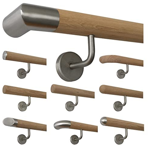 Montagefertiger sin Tratar Roble Pasamano (También para Exterior Idóneo) Ø 42mm con Angular Soporte Acero Inox. y Varios Endstücken - Longitud - Edelstahlecke, 30 mit 2 Halter