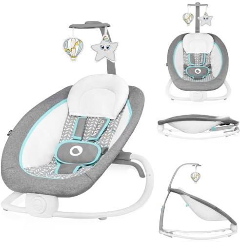 LIONELO Pascal Baby Wippe, sanfte Vibrationen, 5 Melodien, Spielzeugkarussell mit interaktiven Plüschtieren, Kopfkissen, verstellbare Rückenlehne, Energiesparsystem (GREY SCANDI)