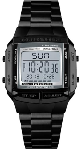 RORIOS Digitali Orologi Militari Sport Ragazzi LED elettronico Polso Orologi con Allarme Timer Acciaio Inox Bracciale Orologi Uomo, nero, Bracciale